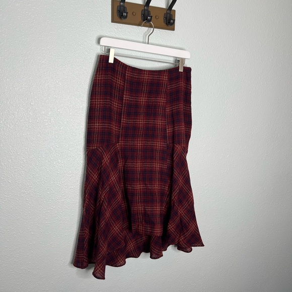 Anthropologie Maeve Burgundy Plaid Wool Midi Skirt - Picture 4 of 10